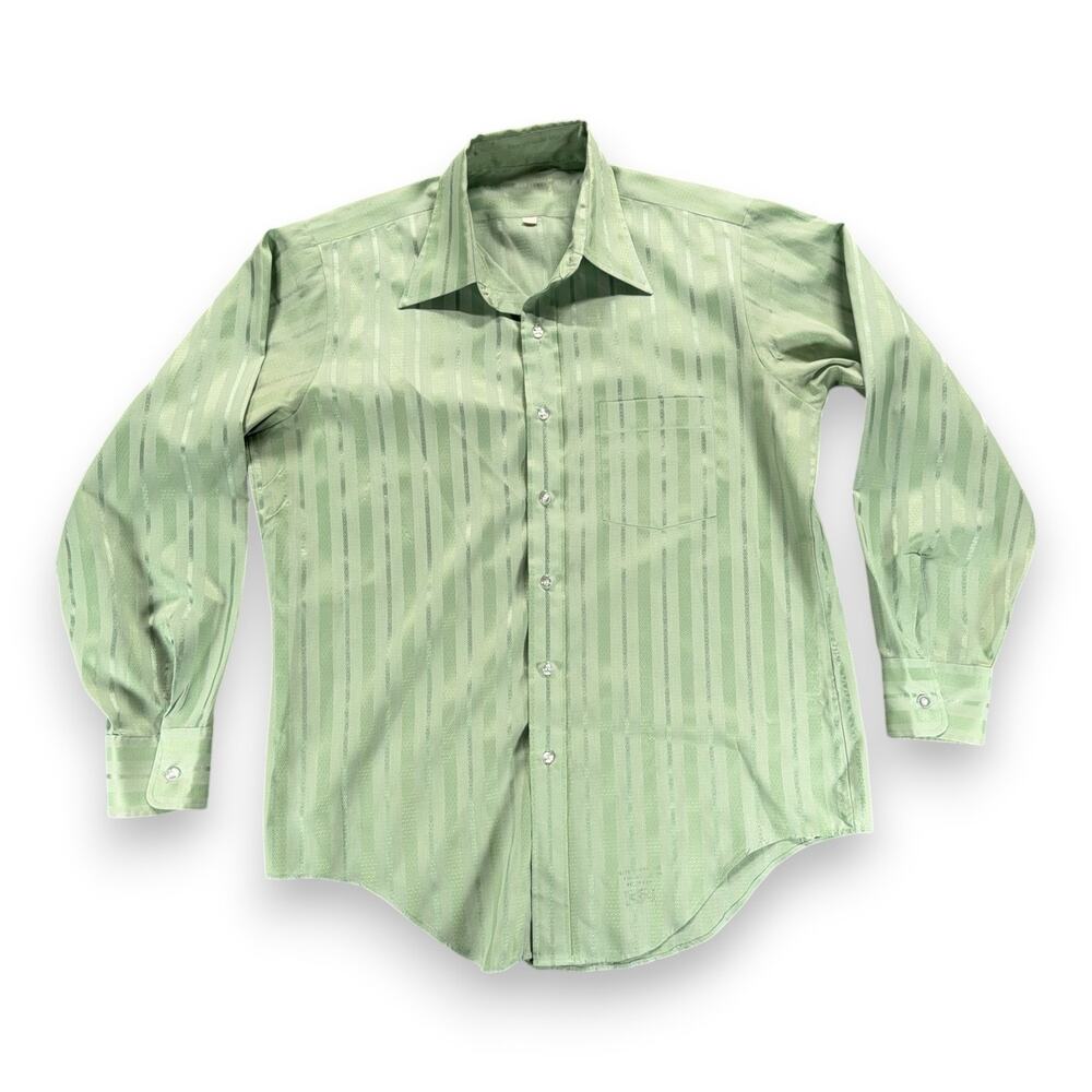 Vintage Disco Shirt Adult LARGE Green Striped Textured Disco Collar Sage 70s